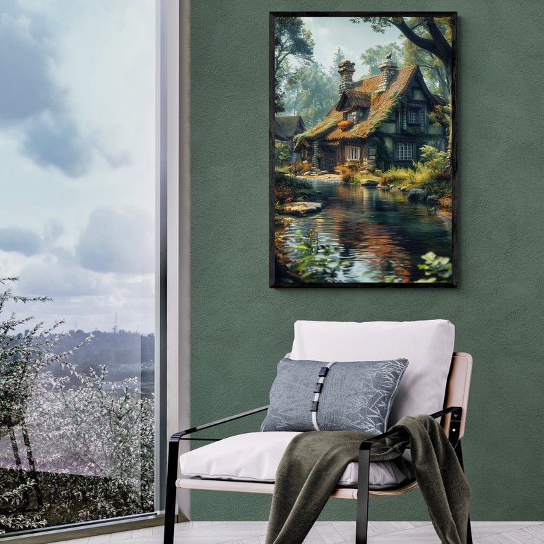 May include: A framed painting of a cottage in a forest setting. The cottage is surrounded by trees and a small stream. The water in the stream is reflecting the sky and the trees. The painting is in a black frame and is hanging on a green wall.