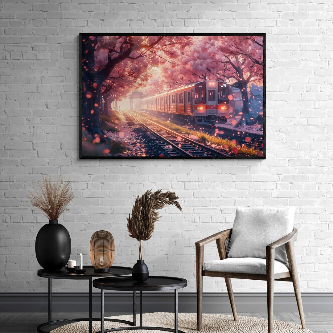 A Vintage Train and Cherry Blossoms Art Canvas, Golden Journey ...