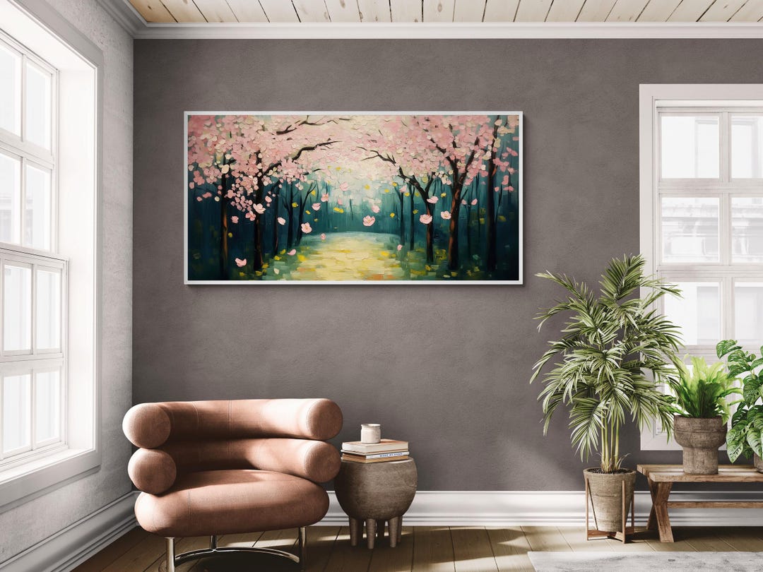 Cherry Blossom Pathway Wall Art Canvas Print Romantic Spring Forest Oil ...