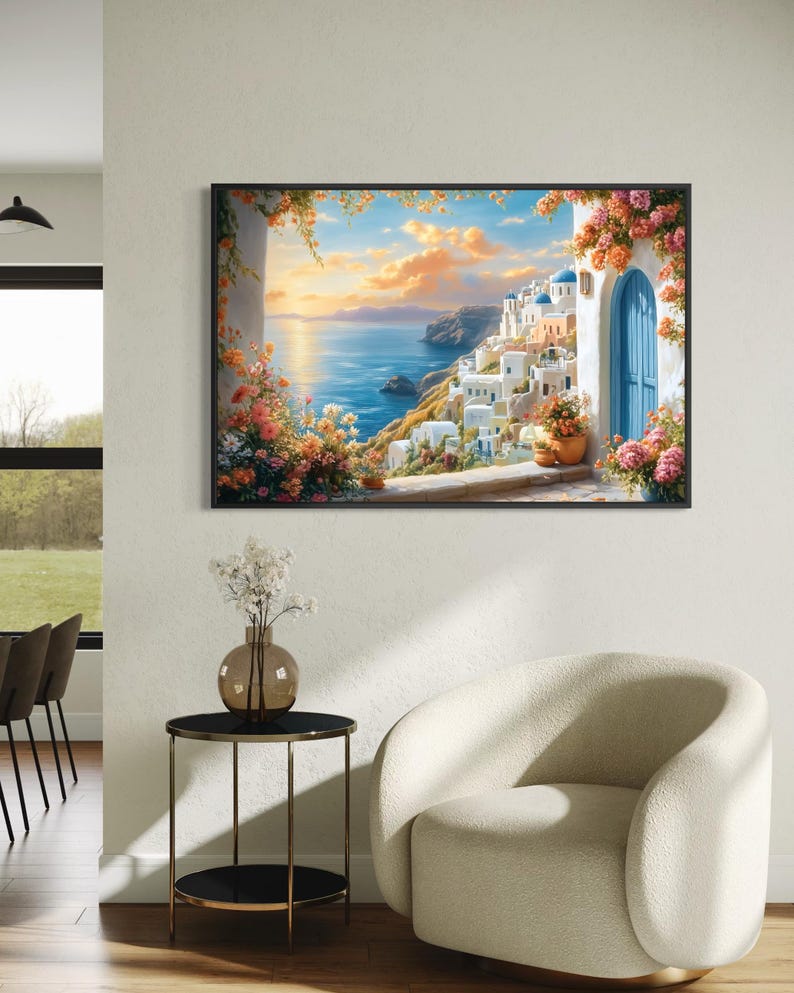 Santorini Greece Wall Art Canvas Print Mediterranean Coastal Landscape ...