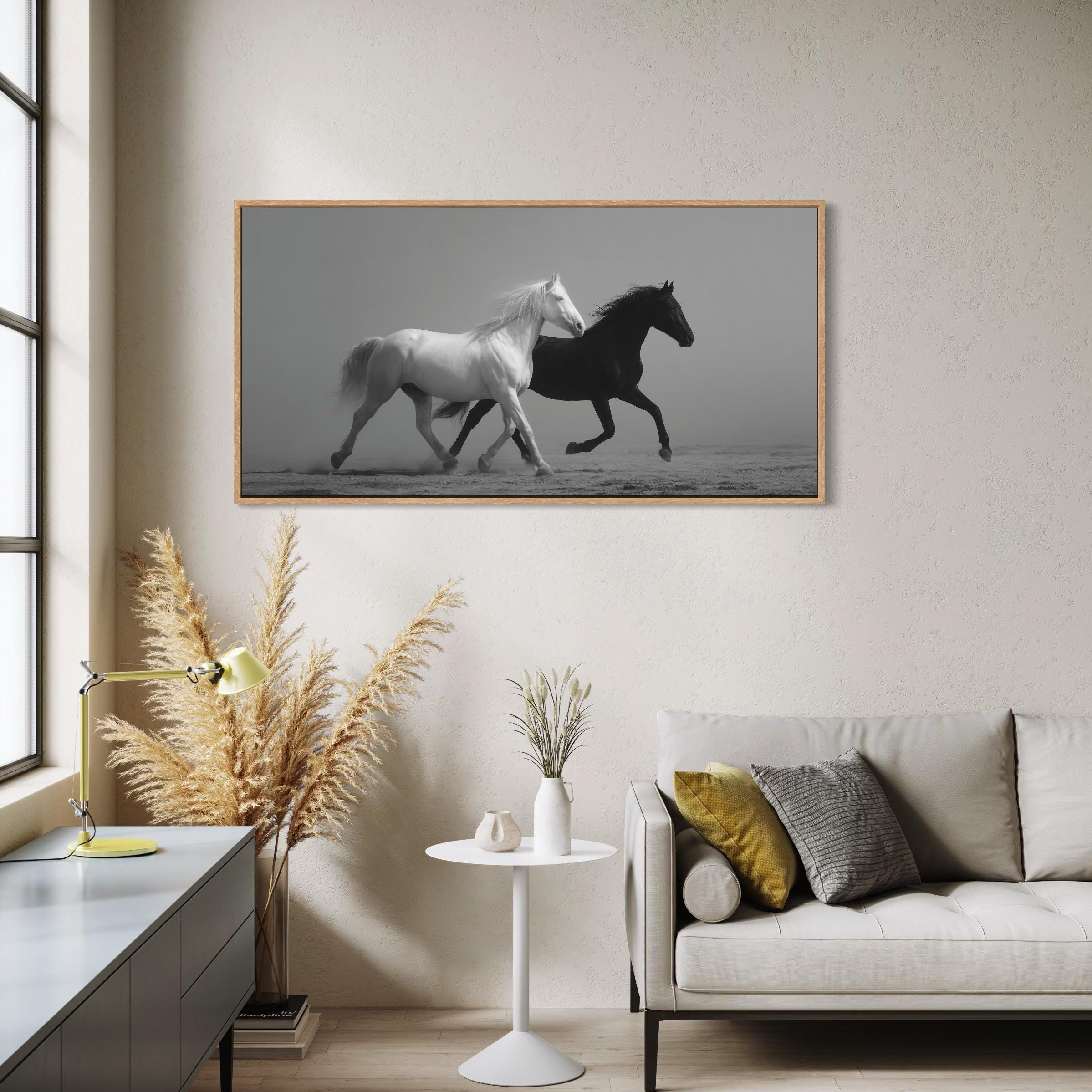 Black and White Horse Running Canvas Print Two Horses Wall Art ...