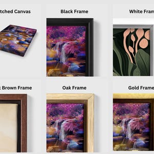 May include: A framed abstract painting of a waterfall with purple, blue, and yellow hues. The painting is available in various frame styles, including stretched canvas, black, white, dark brown, oak, and gold.