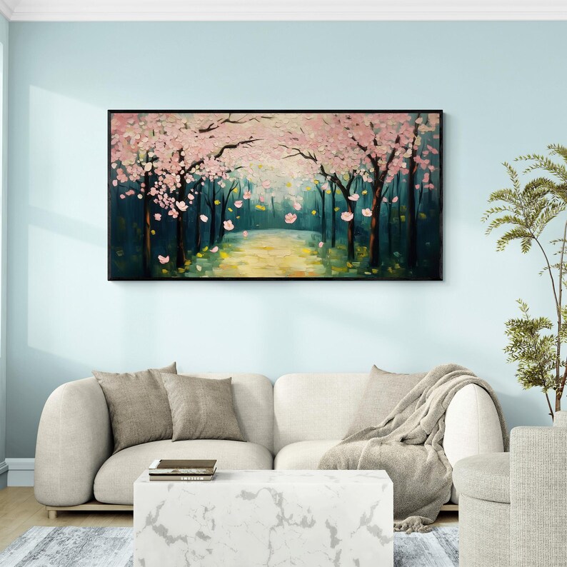 Cherry Blossom Pathway Wall Art Canvas Print Romantic Spring Forest Oil ...