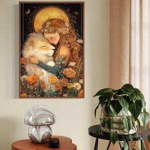 May include: A painting of a woman with long, flowing hair embracing a white lion. The woman is wearing a floral crown and a flowing dress. The background is a dark blue sky with a full moon and stars. The painting is set in a field of flowers.