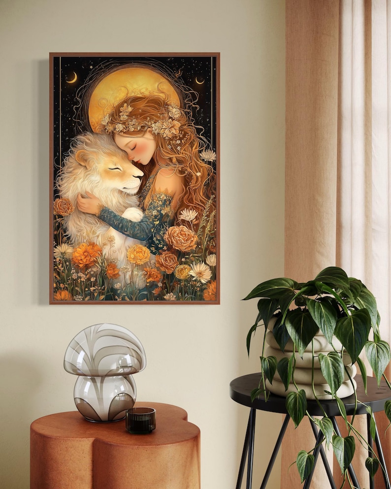 May include: A painting of a woman with long, flowing hair embracing a white lion. The woman is wearing a floral crown and a flowing dress. The background is a dark blue sky with a full moon and stars. The painting is set in a field of flowers.