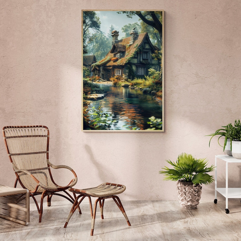 May include: A framed painting of a rustic cottage with a mossy roof, nestled beside a tranquil stream in a lush forest setting.