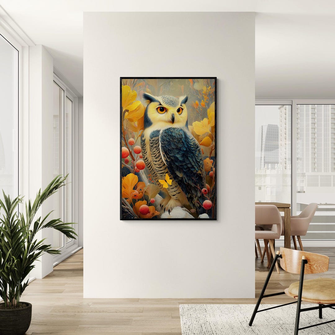 Majestic Blue Snow Owl on Autumn Tree Wall Art Canvas Print Winter Bird ...
