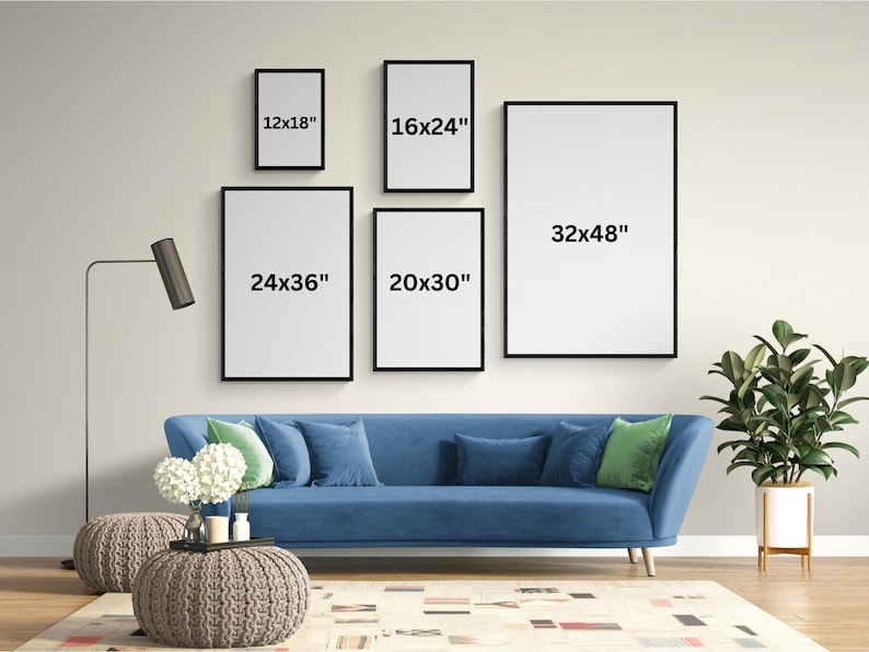 May include: Five black picture frames of different sizes hanging on a white wall above a blue sofa. The frames are labeled with their dimensions in inches: 12x18, 16x24, 20x30, 24x36, and 32x48.