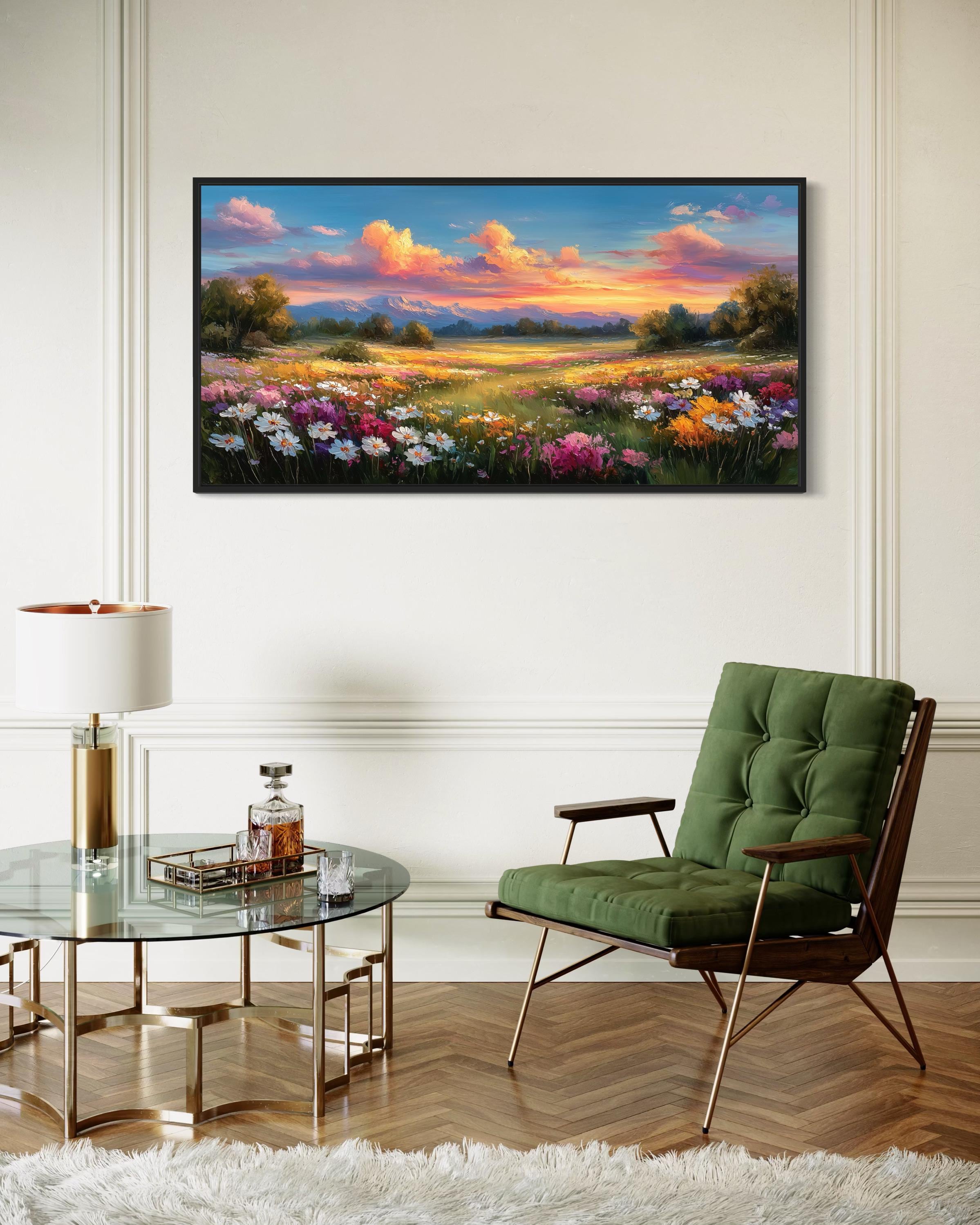 Sunrise Over Flower Field Canvas Wall Art Vibrant Floral Landscape