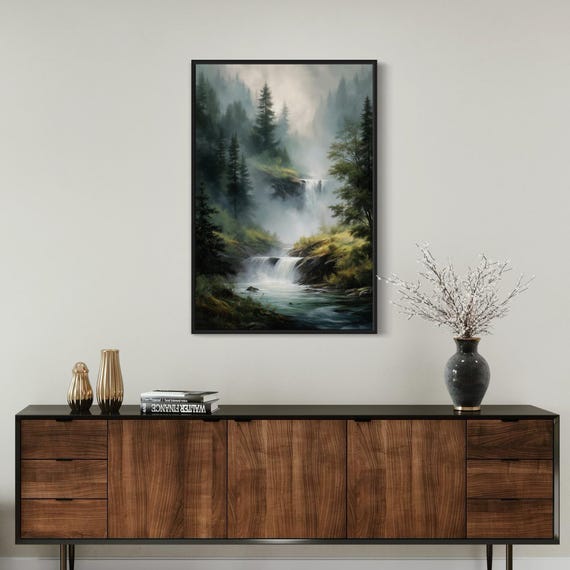 Enchanting Forest Waterfall Canvas Tranquil Nature Landscape Painting Misty Mountain Stream and Pine Trees Mossy Green Rocks Wall Art Decor