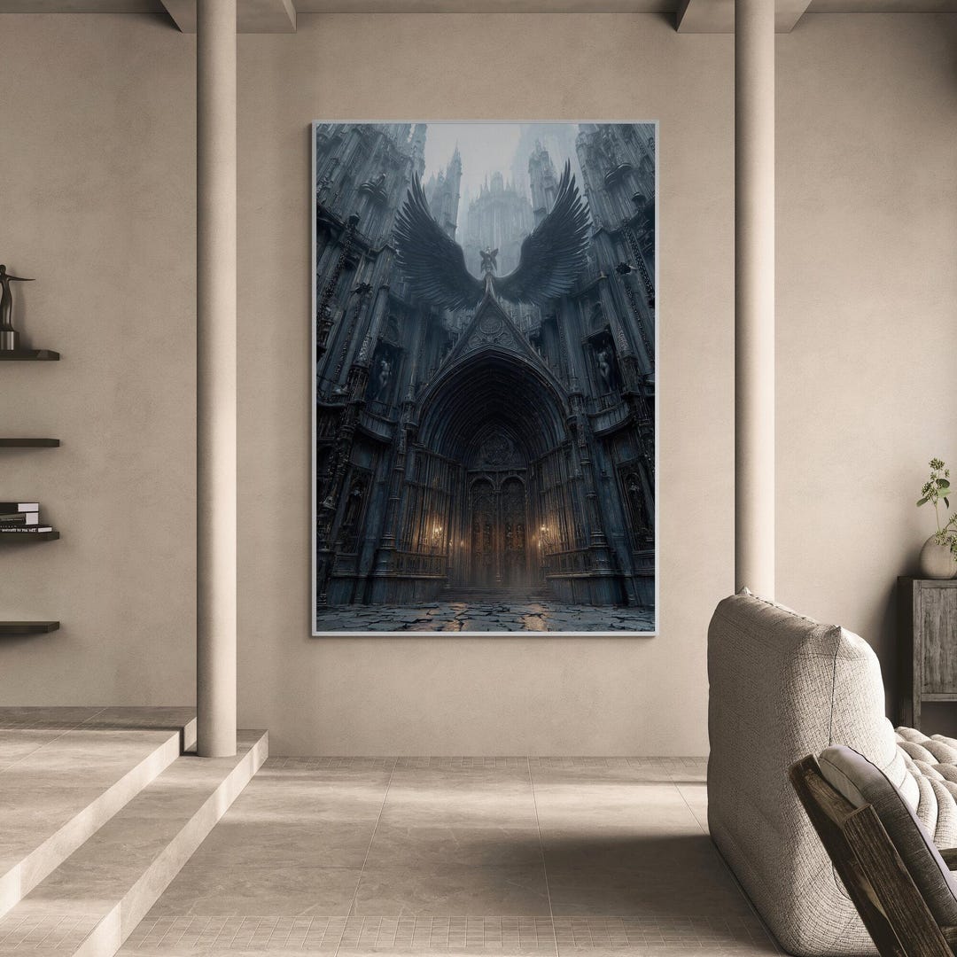 Gothic Cathedral Wall Art Canvas Print Dark Fantasy Church With Angel ...