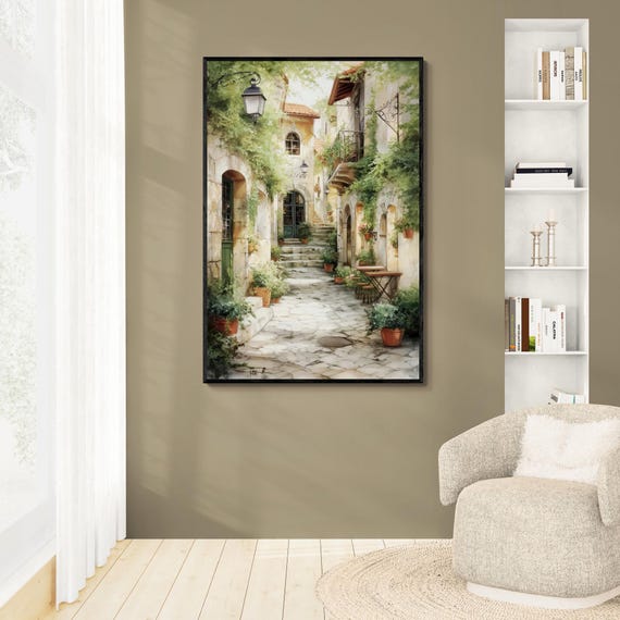 Romantic Italian Village Alleyway Wall Art Canvas Print Rustic Mediterranean Tuscany Artwork European Architecture Garden Courtyard Decor