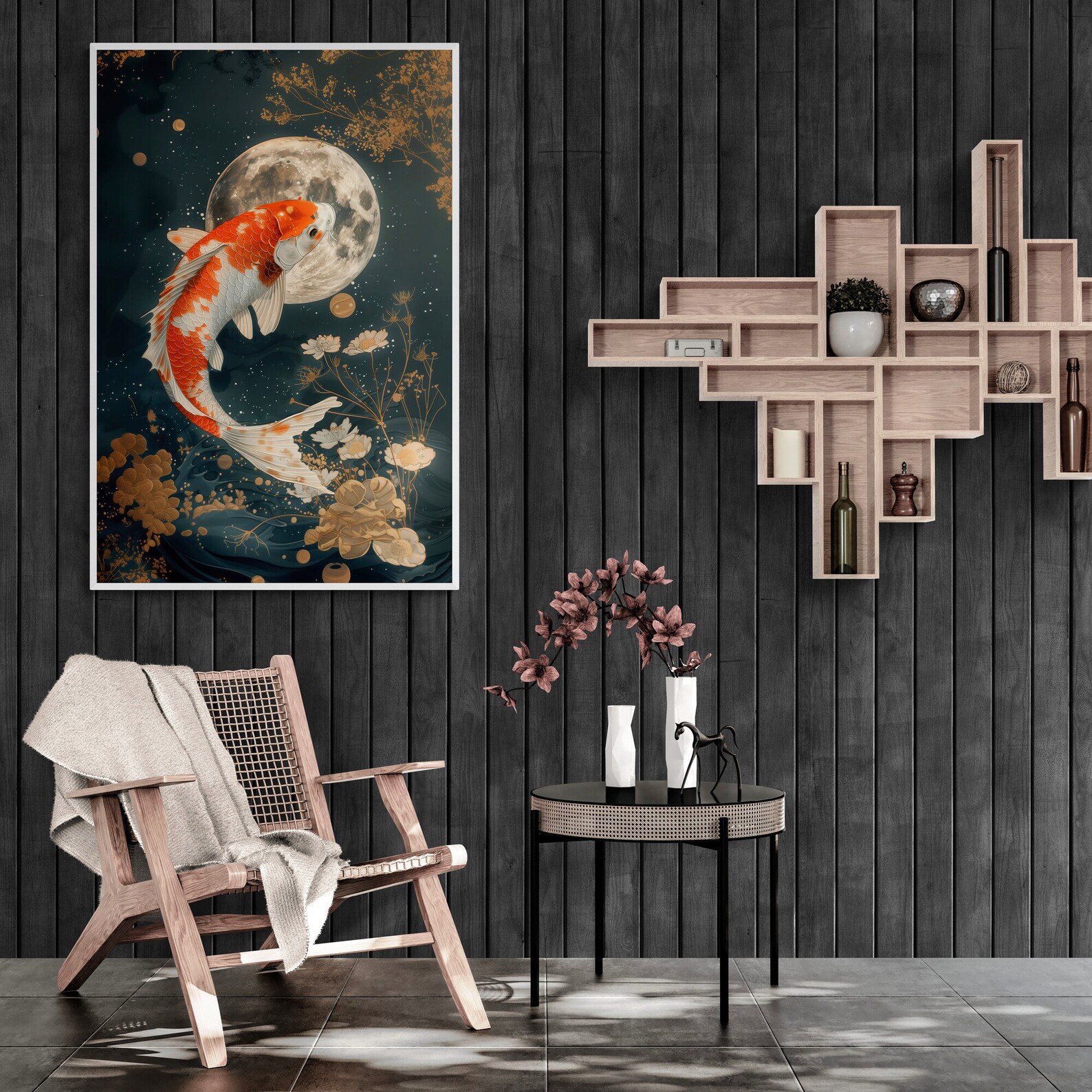 Majestic Koi Fish With Celestial Full Moon and Star With Golden Florals ...