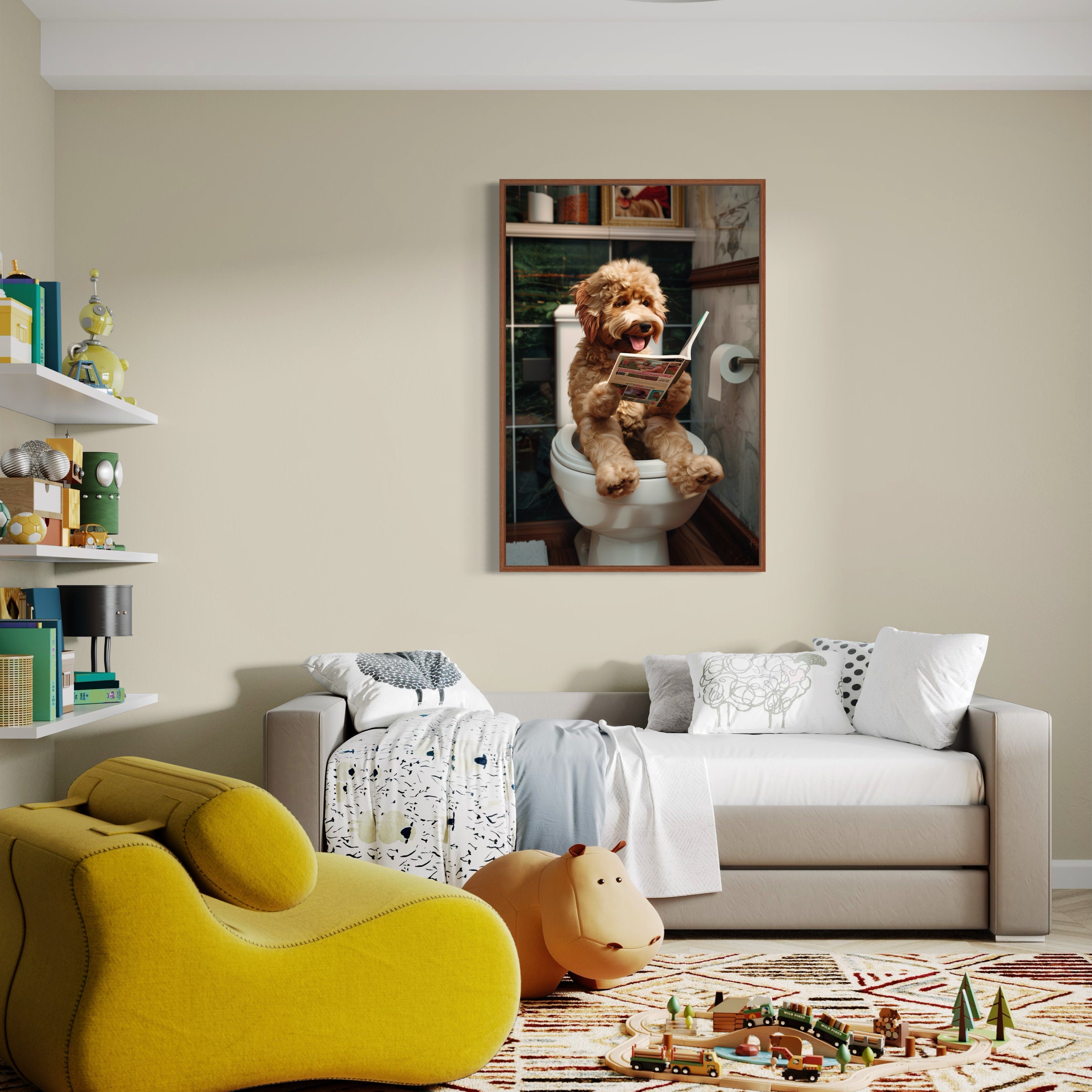 Funny Cockapoo Dog Reading and Sitting on a Toilet Wall Art Canvas ...