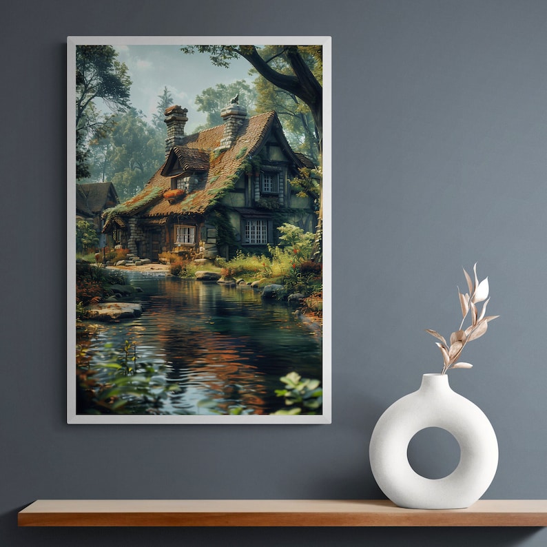 May include: A framed illustration of a quaint cottage with a thatched roof, nestled in a lush green forest. A small stream flows in front of the cottage, reflecting the surrounding trees and sky.