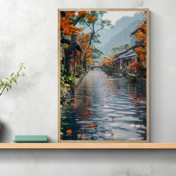 Village Art Canvas, Peaceful Scenery, Calming Art, Autumn Art, River art, Calm Water, Solitary, Fall Leaves, Quiet, Nature, Large Wall Art