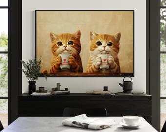Fun Ginger Orange Tabby Cats with A Cup of Coffee Art Canvas Painting Whimsical Animal Portrait Artwork Cafe Shop Wall Decor Cute Kittens