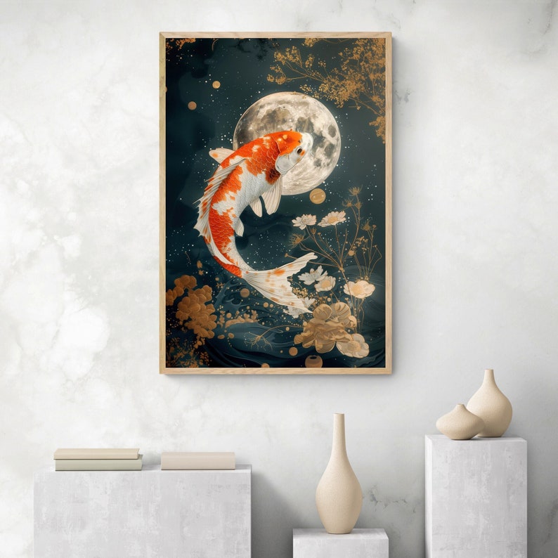 Majestic Koi Fish With Celestial Full Moon and Star With Golden Florals ...