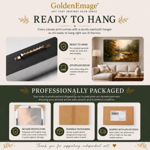 The image is a promotional advertisement for GoldenEmage's art that features a large painting hanging on the wall, a sturdily hung canvas print, and a description of the product's features and benefits.