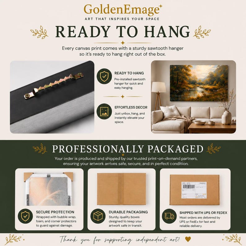 The image is a promotional advertisement for GoldenEmage's art that features a large painting hanging on the wall, a sturdily hung canvas print, and a description of the product's features and benefits.