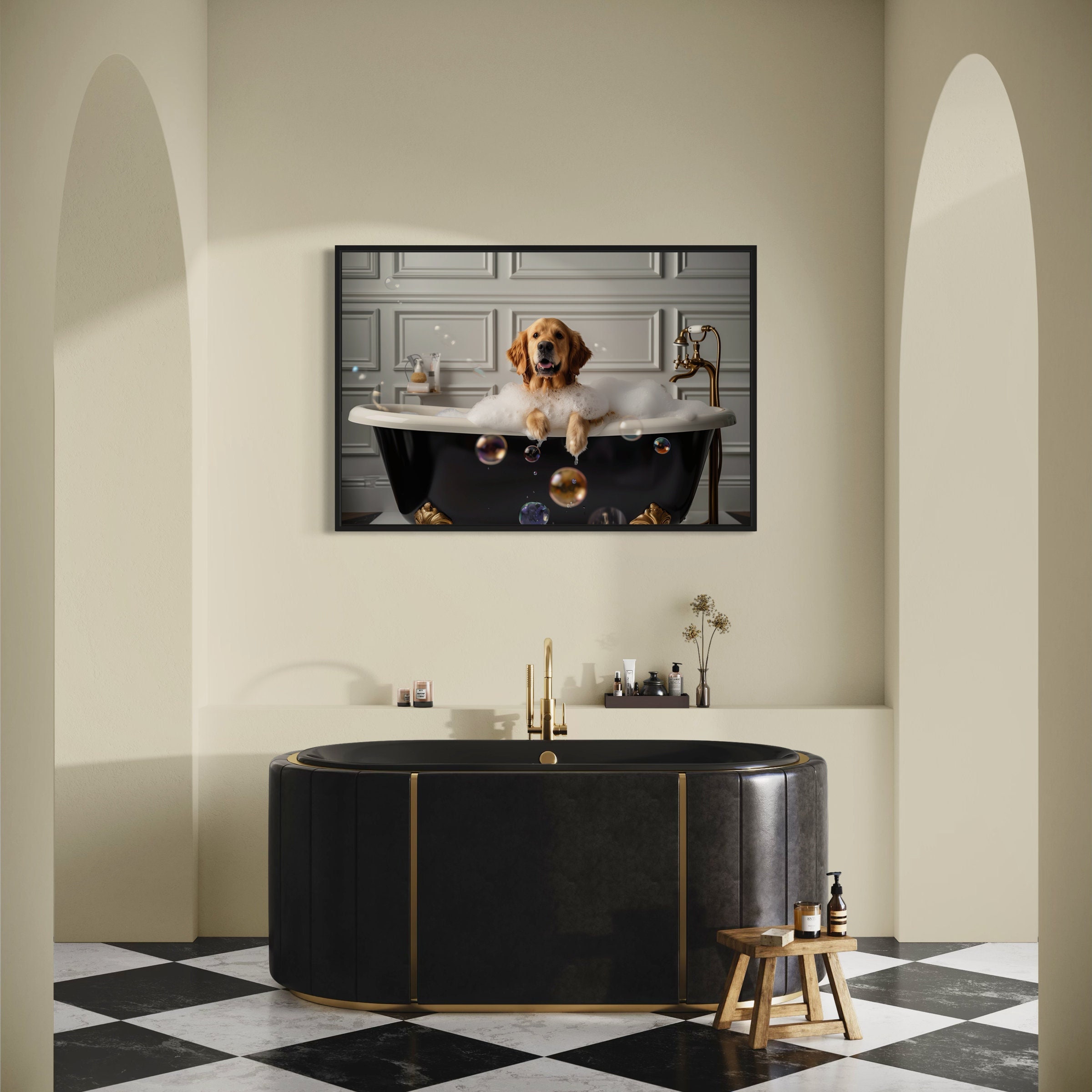 Golden Retriever in a Bathtub Bathroom Wall Art, Dog in a Bathtub Wall