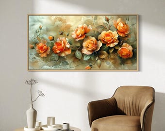 May include: A rectangular wall art piece featuring a horizontal painting of vibrant orange roses with green leaves and stems. The artwork is encased in a light-colored wooden frame and displays a soft, blended background with watercolor-like textures.