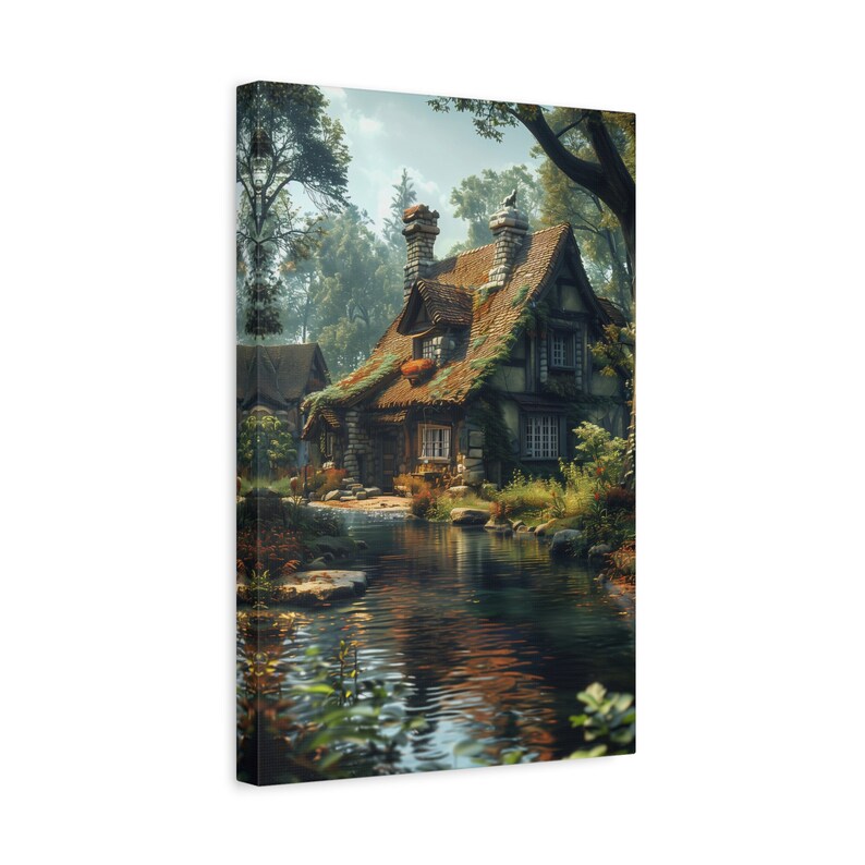Peaceful Enchanted Forest Cottage House by the River Rustic Scenery Peaceful Tranquility and Quiet Nature Illustration Wall Art Canvas Decor image 6