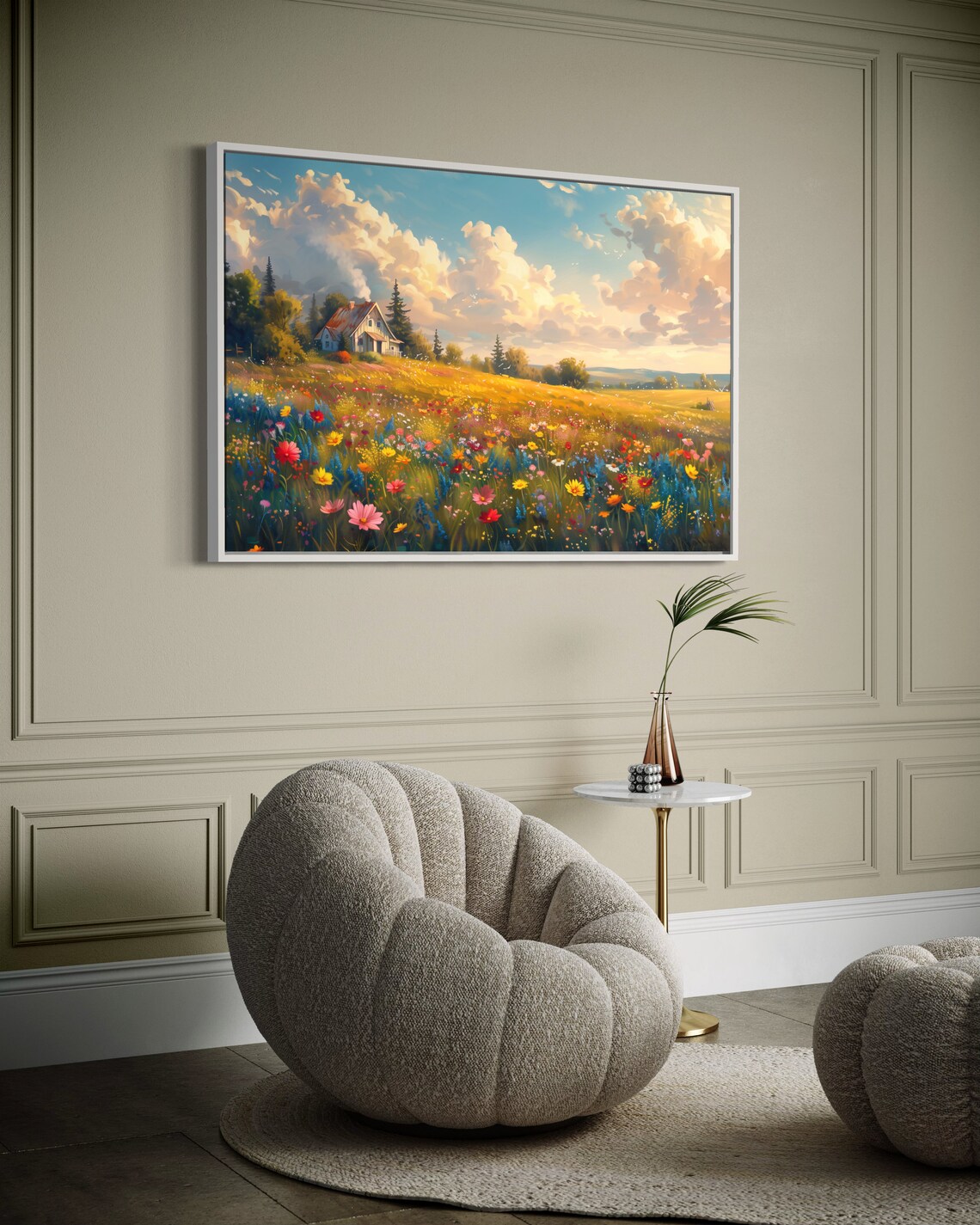 Vintage Rustic Farmhouse Country House Wildflower Field Landscape Oil ...
