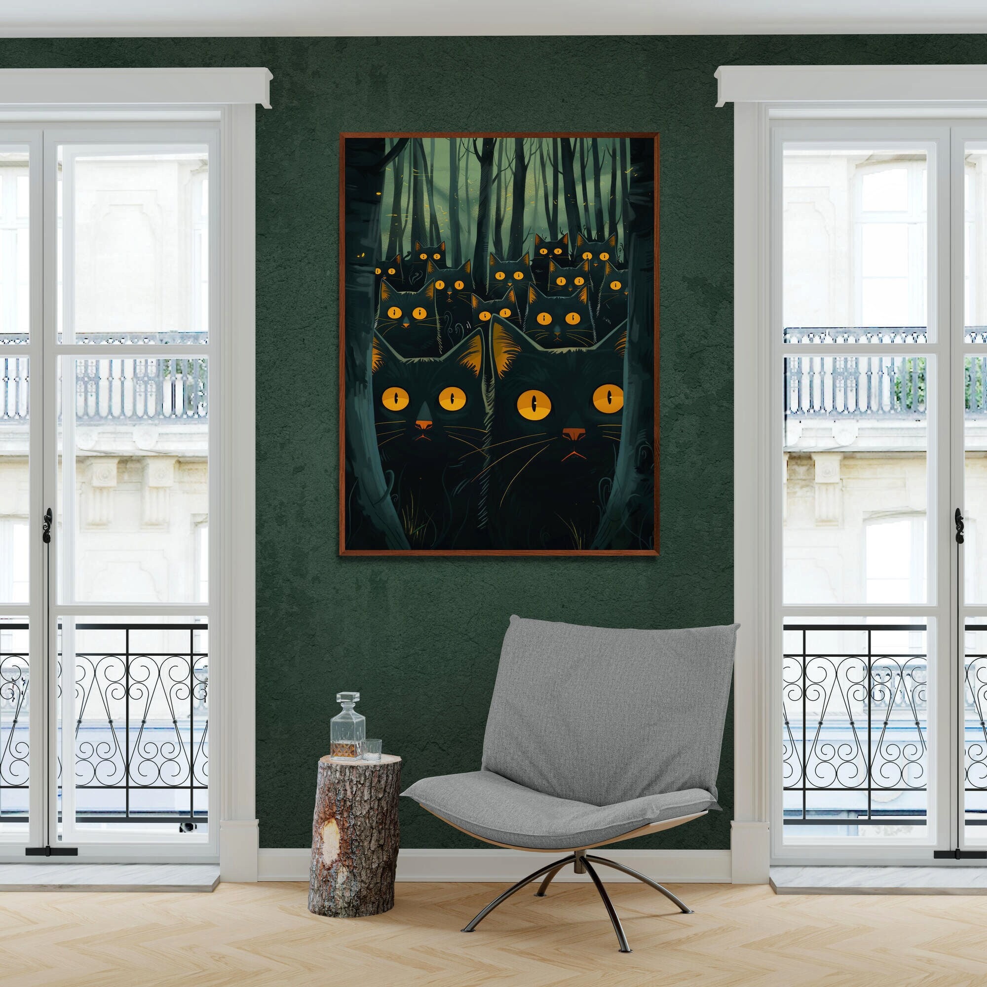 Many Black Cats with Yellow Eyes Staring Enchanted Forest Mysterious Woods Animal Feline Lovers Illustration Wall Art Canvas Cartoon Decor