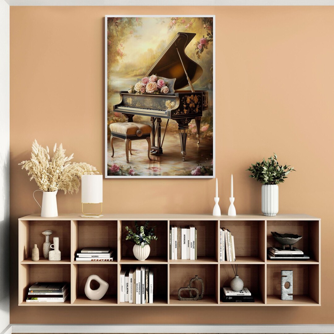 Vintage Grand Piano Antique Music Room Wall Art Canvas Decor Floral ...