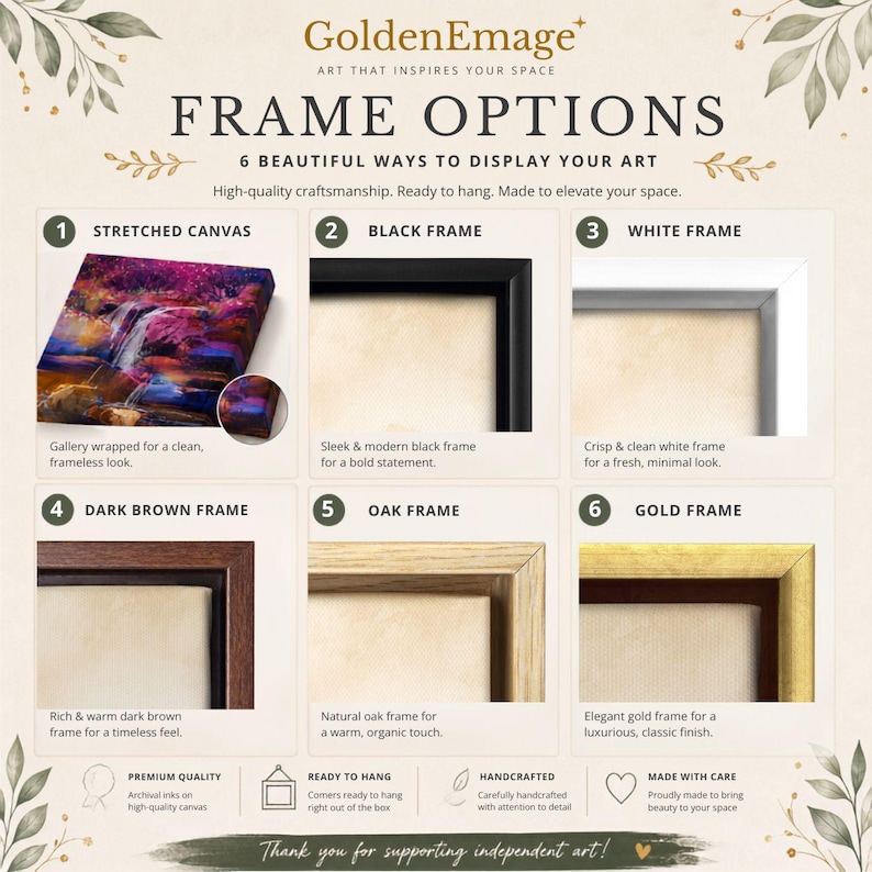 The image is an advertisement for GoldenEmage's frame options, showcasing different types of frames for displaying art. It features a variety of frames, including stretched, black, white, dark brown, oak, gold, and a gold frame, each with unique features and characteristics. The text highlights the craftsmanship and quality of the frames, emphasizing their ability to elevate a space and complement various art styles.