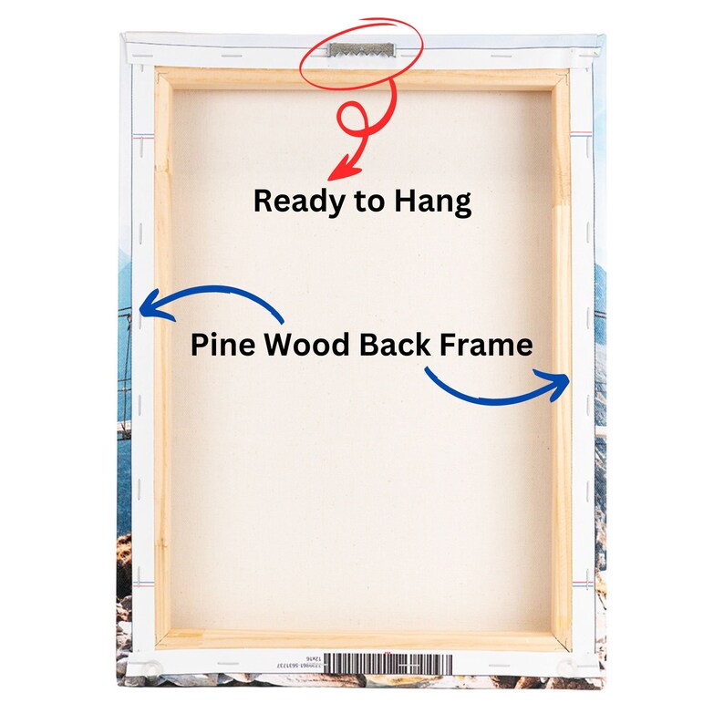 May include: The back of a canvas print with a pine wood frame. The print is ready to hang with a sawtooth hanger attached to the back.