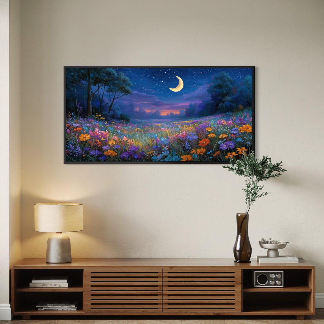 Dreamy Wildflower Field and Crescent Moon Wall Art Starry Night Sky ...