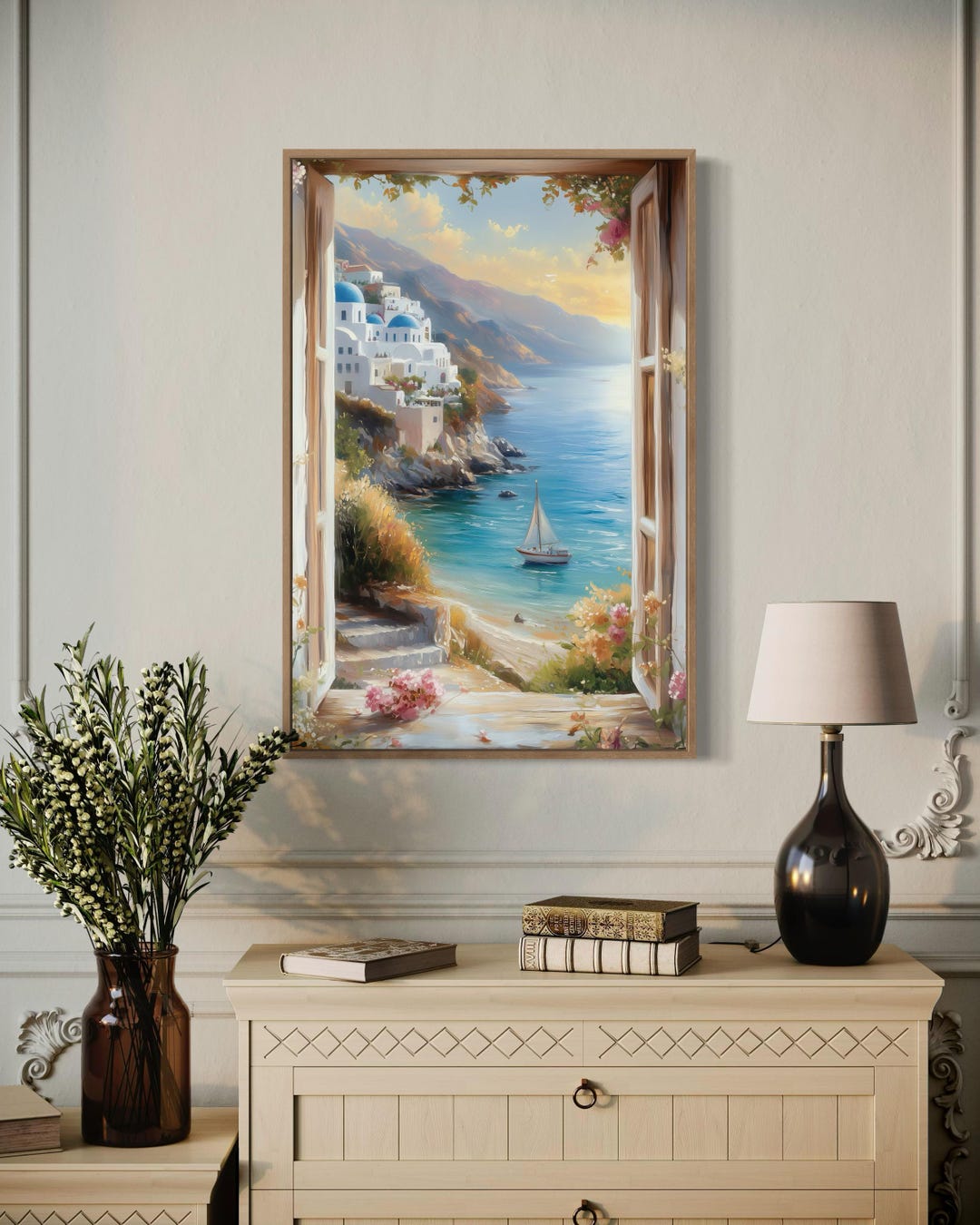 Santorini Greece Coastal Scenery Through A Window Canvas Wall Art Greek ...