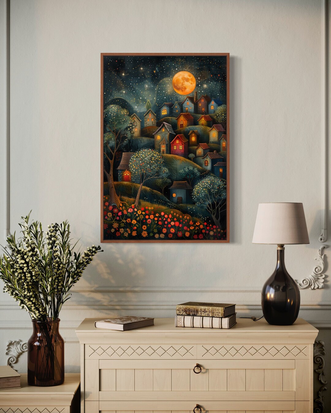 Enchanted Night Village With Dreamy Hillside Homes Full Moon Starry Sky ...