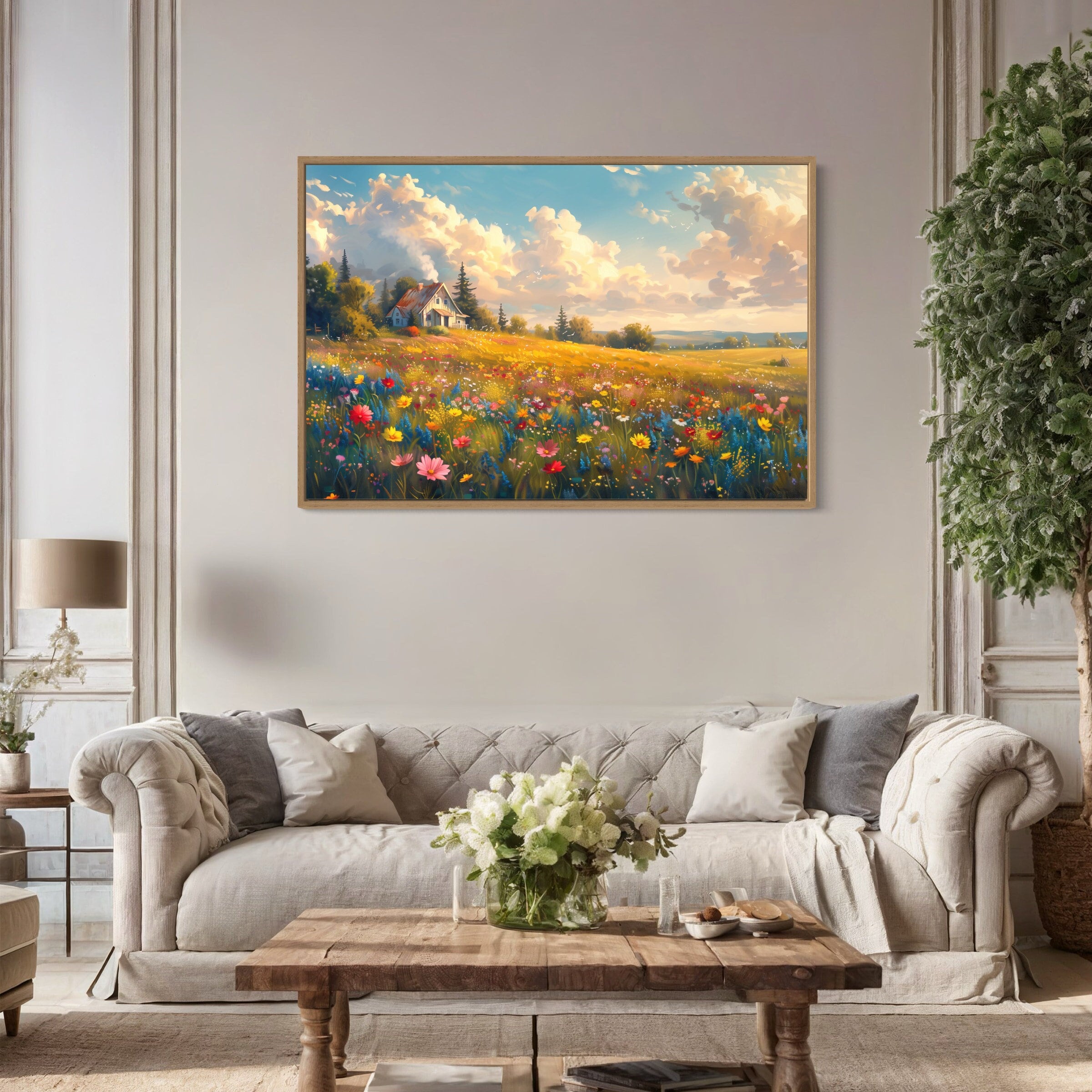Vintage Rustic Farmhouse Country House Wildflower Field Landscape Oil ...