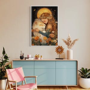 May include: A painting of a woman with long blonde hair embracing a white lion. The woman is wearing a floral crown and a flowing dress. The background is a dark blue sky with a large yellow moon and stars.