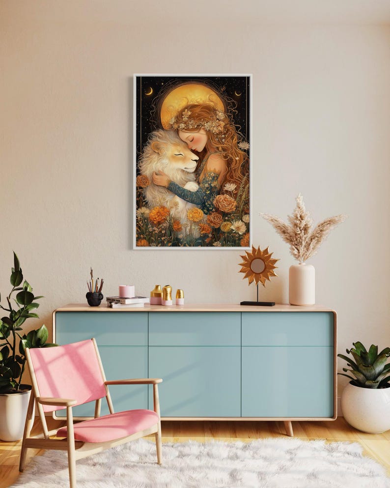 May include: A painting of a woman with long blonde hair embracing a white lion. The woman is wearing a floral crown and a flowing dress. The background is a dark blue sky with a large yellow moon and stars.
