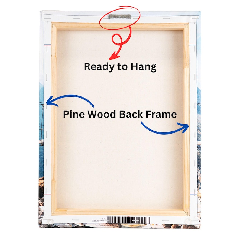 May include: Back view of a canvas print with a pine wood frame. The canvas is ready to hang with a sawtooth hanger attached to the back.