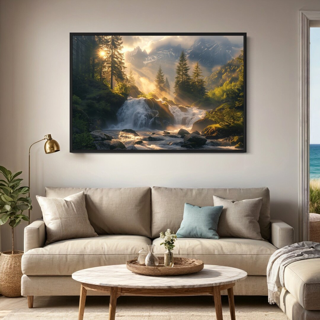 Sunrise Mountain Forest Cascading Waterfall Wall Art Canvas Decor ...