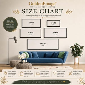 The image is an advertisement for GoldenImage's art that inspires your space. It features a living room with a blue sofa, a potted plant, and a lamp. The ad provides a size chart to help customers find the perfect artwork to bring their space to life.