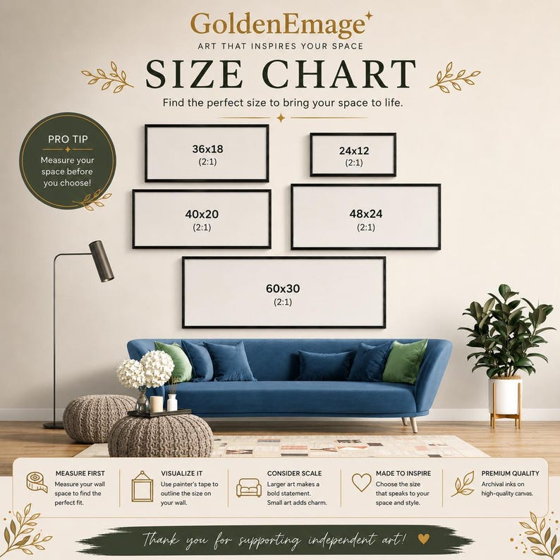 The image is an advertisement for GoldenImage's art that inspires your space. It features a living room with a blue sofa, a potted plant, and a lamp. The ad provides a size chart to help customers find the perfect artwork to bring their space to life.