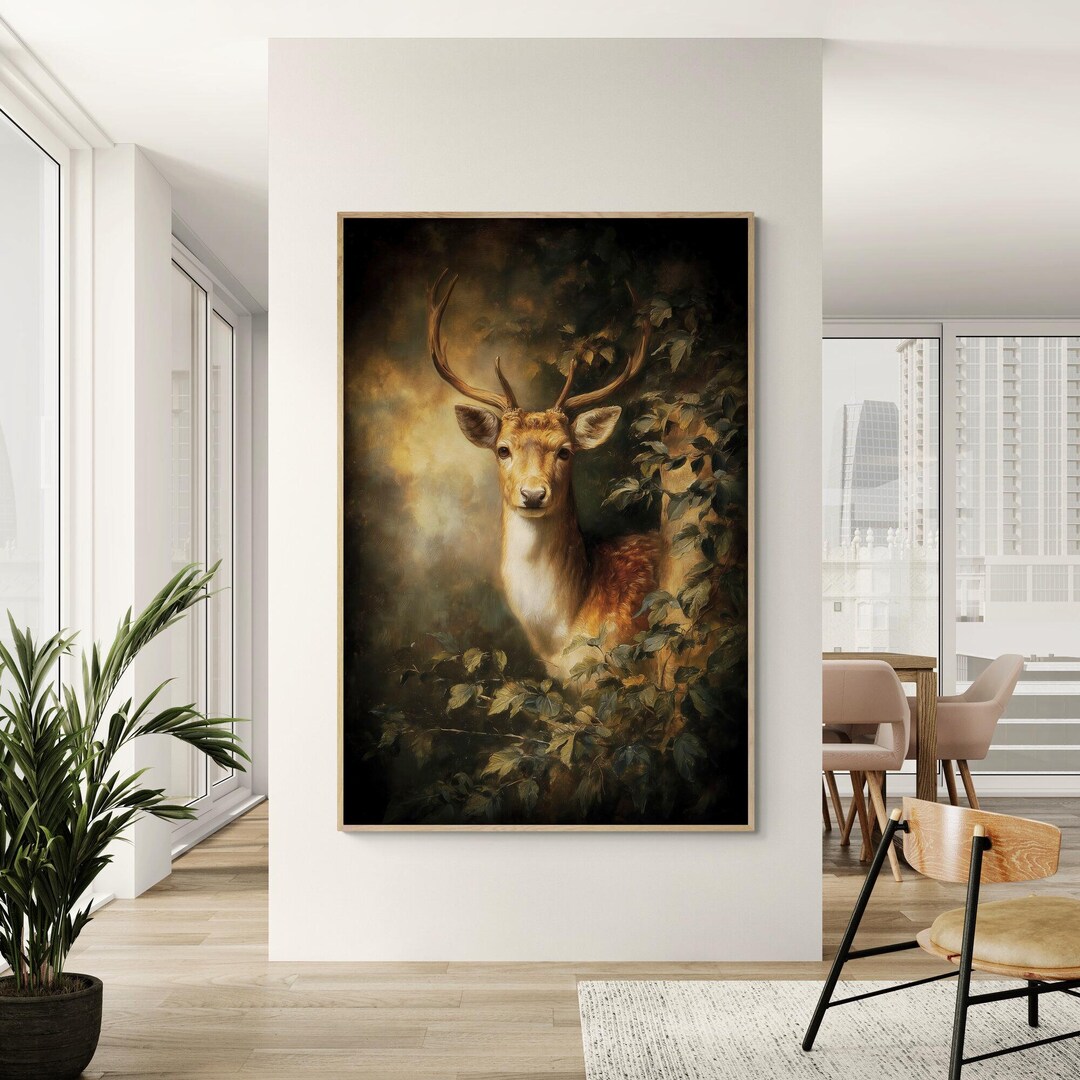 Majestic Deer in Enchanted Forest Canvas Print Vintage Moody Woodland ...