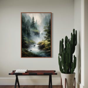 May include: A framed painting of a misty forest scene with a waterfall cascading down a rocky hillside. The painting features a variety of green trees and a blue stream.