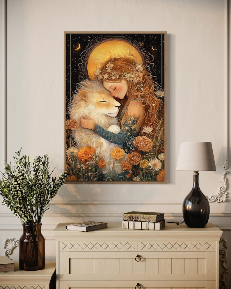 Leo Horoscope White Lion Goddess Under the Full Moon Canvas Astrology Zodiac Sign Wall Art Floral Fantasy Decor Bohemian Spiritual Artwork