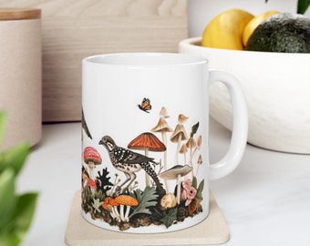 Handcrafted 11oz Nature Mug - Mushroom & Bird Collage, Unique Ceramic Cup, Perfect Gift for Forest Enthusiasts!