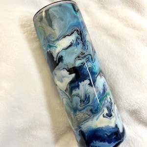 Blue and Tan Swirly Colorful Alcohol Ink and Epoxy 20oz Skinny Tumbler, Handmade, One of a Kind, Epoxy Resin and Colorful Ink Tumbler