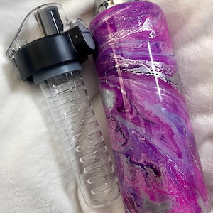 Pink and Silver Swirly Colors Alcohol Ink  Epoxy 26oz Fruit Diffuser Steel Bottle, Handmade, One of a Kind, Resin and Colorful Ink Tumbler