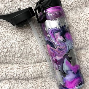 Purple, Pink and Silver Swirly Alcohol Ink Epoxy 25oz Skinny Steel Bottle, Handmade, One of a Kind, Resin and Colorful Ink Tumbler