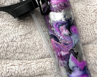 Handmade Alcohol Ink Swirl Steel Tumbler, Purple, Pink, Silver, 25oz